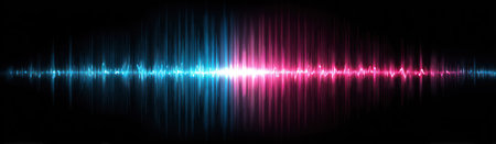 Abstract digital visualization of a sound wave with blue and pink color variationsの素材