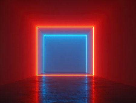 A neon-lit square, radiating blue, sits within a red-lit box, creating a visual depthの素材