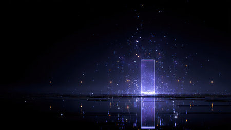 Glowing rectangular portal emits light and particles above a reflective surface, dark backgroundの素材