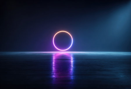 A vibrant neon ring glows on a reflective surface against a dark, moody backdropの素材