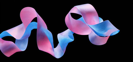 Floating ribbon curves in pink and blue against a black background. Playful and abstractの素材