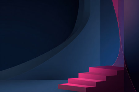 Abstract, geometric scene with pink stairs leading to an obscured area, dark bluesの素材
