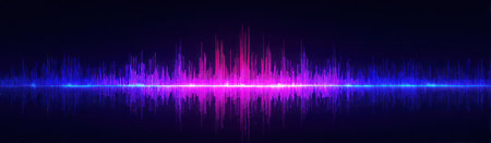 A vibrant audio waveform pulsating with shades of purple, pink, and blue, against a dark backgroundの素材