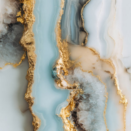 Abstract marble design in light blue, gold, and white. Veins and fissures resemble gemstonesの素材