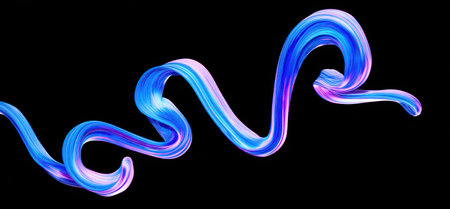 Swirling, ribbon-like abstract art in shades of blue and purple on a black backgroundの素材