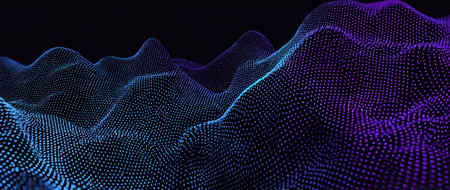 Abstract 3D rendering of a landscape with rolling hills, made of tiny glowing dotsの素材