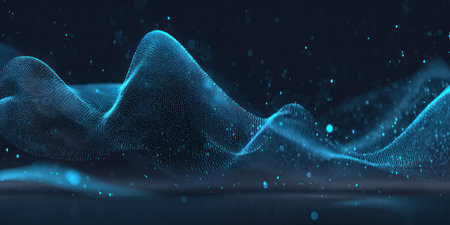 Abstract digital art shows flowing blue waves with scattered glowing particles on a dark backdropの素材