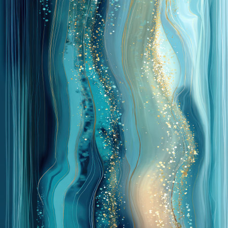 Abstract, flowing artwork featuring shades of blue and gold. Fluid forms and glittery accentsの素材