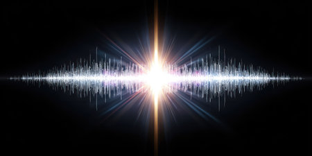 Graphic with a bright, central light source, emitting waves and rays across a dark backgroundの素材