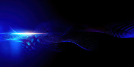 Abstract blue and black background with a glowing light and a flowing digital waveの素材
