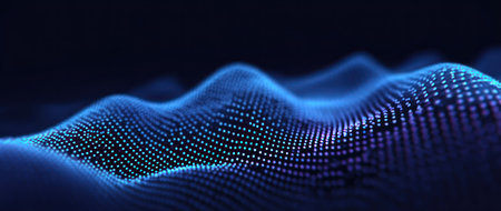 Abstract blue digital wave composed of glowing dots, with a dark background and depth of fieldの素材
