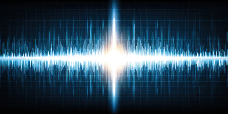 A glowing central burst radiates over a blue waveform, a digital representation on a dark backgroundの素材