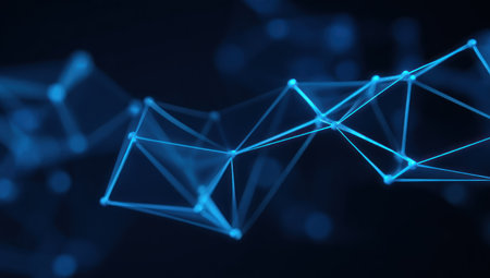 Abstract blue network of connected nodes and lines on a blurred backgroundの素材