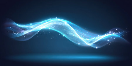Glowing, wave-like light stream with scattered particles against a dark blue gradient backdropの素材
