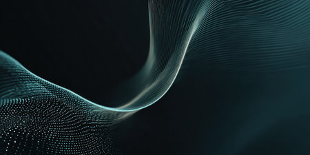 A flowing, abstract form of luminous dots and lines, set against a dark teal backgroundの素材