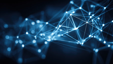 Illuminated abstract network of connected dots, with lines, a glowing blue against darknessの素材