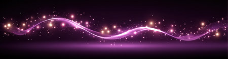A glowing, wavy, purple light trail with sparks and a dark backgroundの素材