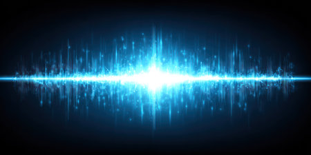 A bright blue horizontal line emanating light with particles and a dark blue gradient backgroundの素材