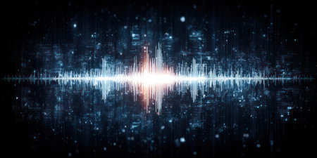 A luminous burst radiates outward, creating a digital soundwave pattern in a dark, starry cosmosの素材