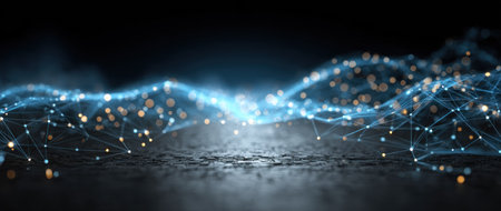 A glowing, interconnected network of blue light against a dark background, set above a rough surfaceの素材