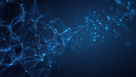 Abstract digital network with glowing blue lines and dots on a dark blue backgroundの素材