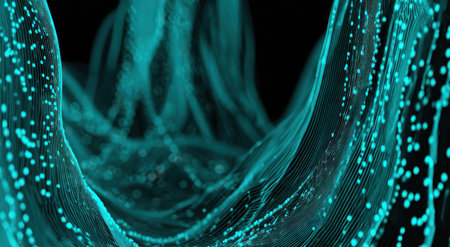 Turquoise abstract composition of flowing lines and particles against black backgroundの素材