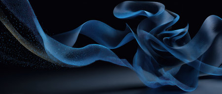 Abstract image of flowing, translucent blue ribbons on a dark background with particle effectsの素材