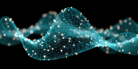 Abstract network of turquoise lines &amp; nodes on black. Futuristic, data, glowing, wavyの素材