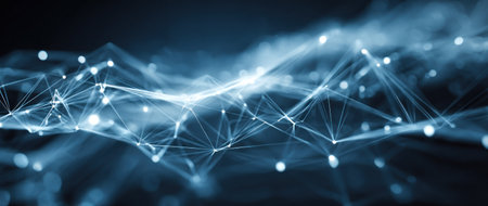 A network of connected nodes and lines, glowing in blue against a dark background, abstractの素材