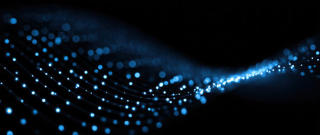 Abstract wave of glowing blue dots against black background, suggesting data or lightの素材