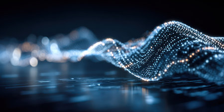 Abstract wavy lines of glowing particles in shades of blue and gold. Focus on the curvesの素材