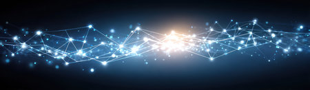 Abstract digital illustration with glowing interconnected nodes and lines against a dark blue backgroundの素材