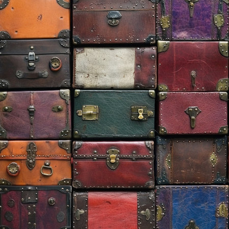 A pattern of leather trunks with brass locks and rivets, in dark reds, purples, blues, browns, oranges, and greens. The trunks have different textures, such as smooth or distressed surfaces. They appear to be arranged neatly together, but not too close that they overlap each other. There is space between the leather trunks to highlight their unique shapes and colors. Each trunk has its own metal handle on its side, adding an element of mystery. --v 6.1 Job ID: 31c2ad3f-d50a-4d89-b909-1ad5d5735b50の素材