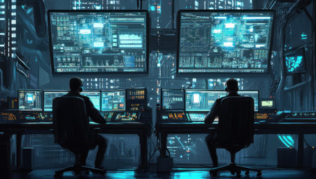 Two professionals in the control room of an industrial plant, sitting at their desks and working on computer screens with headsets. In front of them are two large monitors showing data from various machines and process-controlling icons. The environment is dimly lit by numerous LED lights and digital display panels. --ar 53:30 --v 6.1 Job ID: 5d66af30-d9fc-49b1-8b87-c9f9dfb9af9bの素材