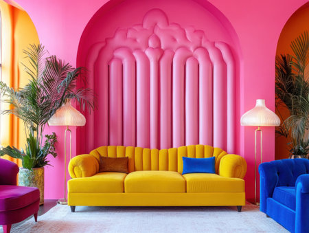 Vibrant pink wall with a yellow sofa and blue armchair, creating an inviting living room atmosphere. The scene includes decorative elements like floor lamps and plants to enhance the space's style. --ar 4:3 --v 6.1 Job ID: cda9233c-092d-4967-a180-0602c6c71806の素材