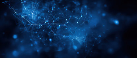 Abstract digital network with nodes and connecting lines, blurred background, shades of blueの素材