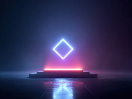 Neon diamond illuminates a multi-tiered platform in a dark, hazy, and futuristic environmentの素材