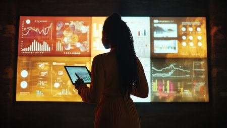 A Black businesswoman in an office, standing before large screens displaying data and graphs, holding her tablet with AI illustrations on the screen, showing signs of digital transformation in diverse fields like education or retail. The dark room is illuminated by soft LED lights, creating an atmosphere that conveys innovation and technology's impact across various sectors of industry. Canon EOS-1D X Mark III photo. Cinematic colors and sharp focus. --ar 53:30 --v 6.1 Job ID: 7d95e620-bef3-4da9-9f46-cda1bf8f4517の素材