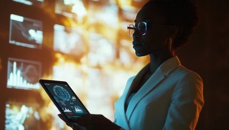 A Black businesswoman in an office, standing before large screens displaying data and graphs, holding her tablet with AI illustrations on the screen, showing signs of digital transformation in diverse fields like education or retail. The dark room is illuminated by soft LED lights, creating an atmosphere that conveys innovation and technology's impact across various sectors of industry. Canon EOS-1D X Mark III photo. Cinematic colors and sharp focus. --ar 53:30 --v 6.1 Job ID: 7d95e620-bef3-4da9-9f46-cda1bf8f4517の素材