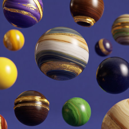 Floating, textured spheres with various patterns and colors on a deep blue backgroundの素材