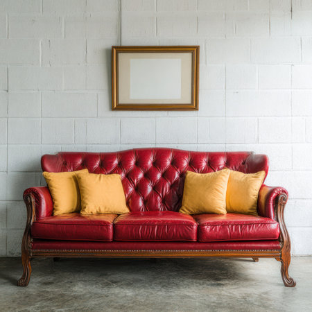 A red leather tufted sofa with yellow cushions and framed art against a textured wallの素材