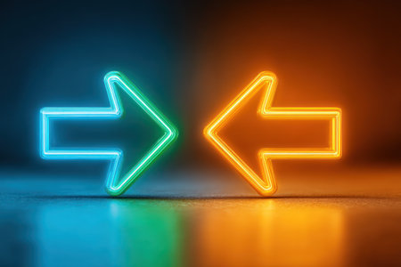 Glowing neon arrows, pointing opposite directions, contrast blue/orange backdropの素材