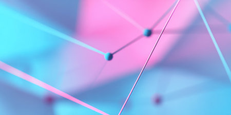 Abstract image with glowing lines, spheres, and a blurred background in pink and blue tonesの素材