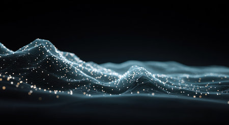 Abstract blue and gold network undulating in darkness, suggestive of data visualizationの素材
