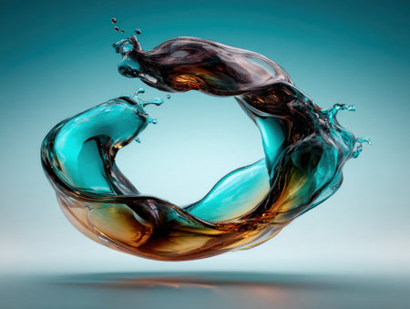 A stylized liquid ring, swirling with gradients and splashes, against a soft, teal backdropの素材