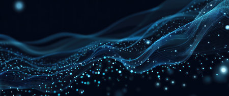Abstract flowing blue waves with shimmering particles on a dark backgroundの素材