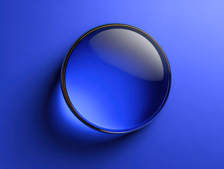 Glossy blue orb with gold ring casting a long shadow on a matching blue backdropの素材