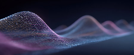 Abstract wave-like form of shimmering dots in pink and blue against a dark backgroundの素材