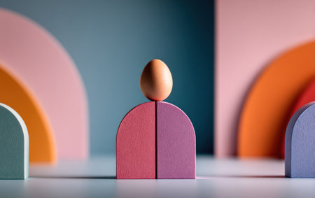 A single egg balances on a divided geometric shape, amidst pastel arch backdropsの素材