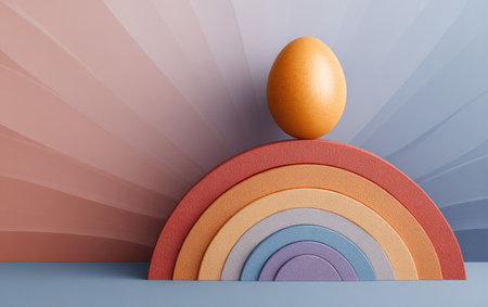 A brown egg balances on a rainbow-colored arch, against a gradient backgroundの素材